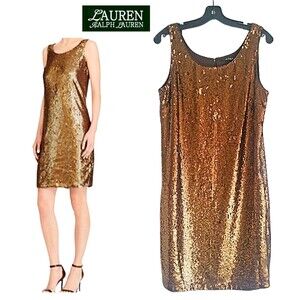 LAUREN RALPH LAUREN NEW COPPER Sequin Scoop Neck Sleeveless Mini Dress 10